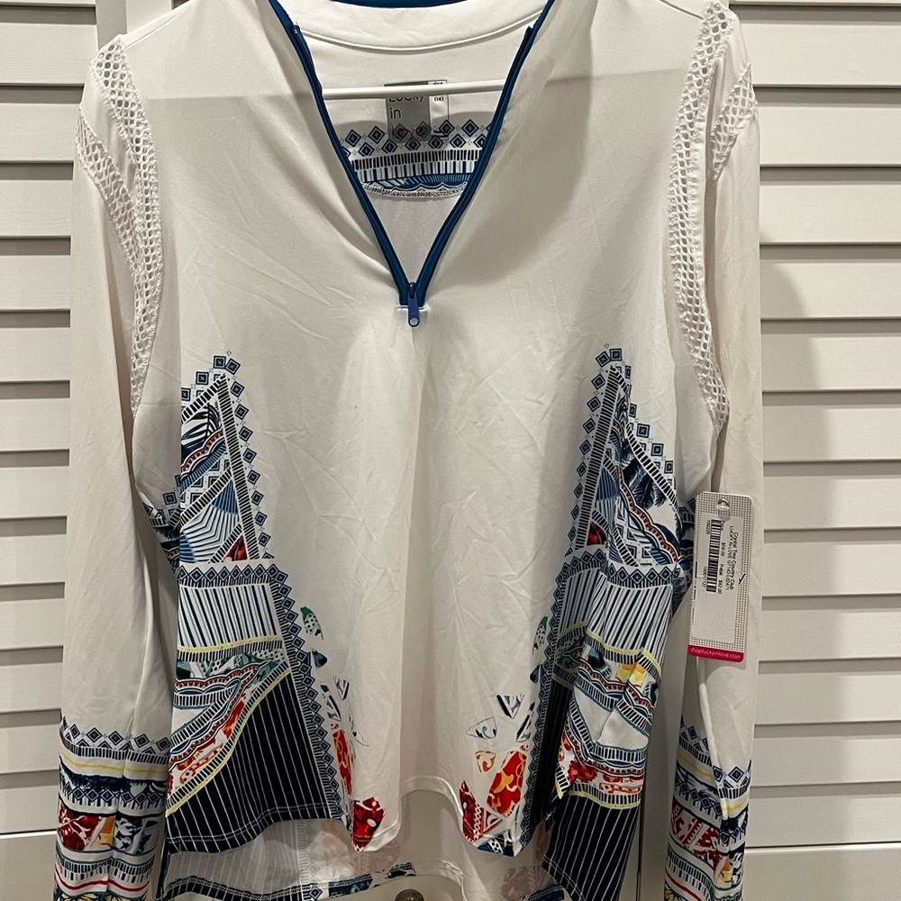 Lucky in Love White and Blue Patterned Top